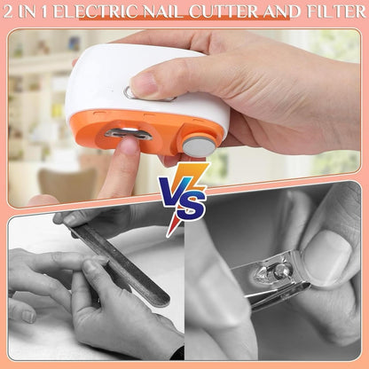 Electric nail cutter and filter with a hand using it, compared to traditional nail clippers.