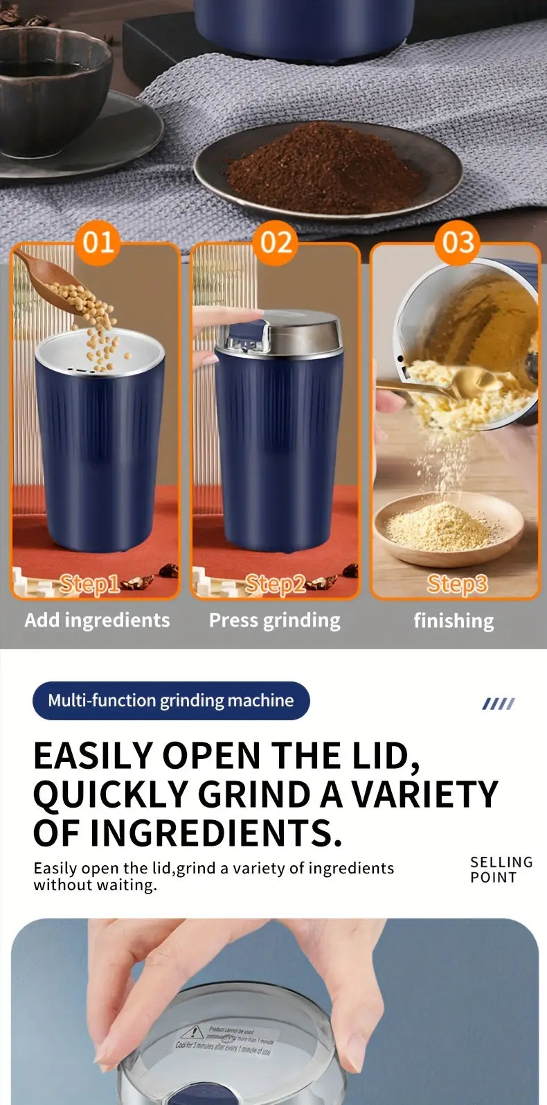 Aider Electric Coffee Grinder with Safe and Durable 304 Stainless Steel Blades,Fast Grinding for Coffee Beans, Dried Spice, Nuts, Herbs