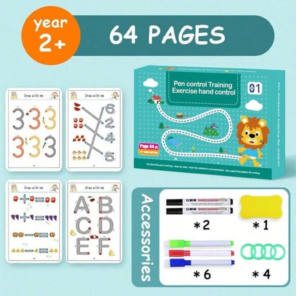 Aider Hand Writing Pen Control Training Practice Book 64 page | Magical Tracing Workbook Set | Preschool Educational Reusable Learning Book For Kids