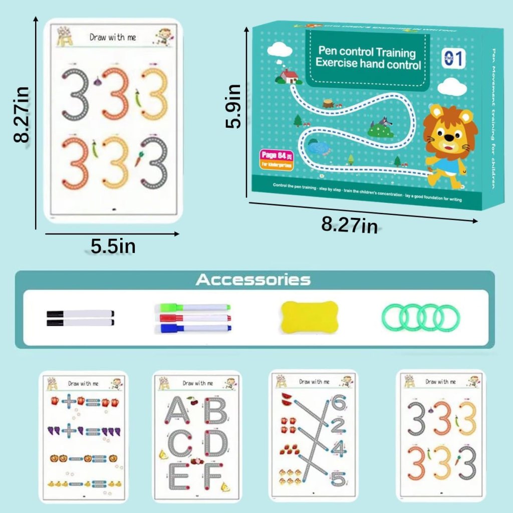 Aider Hand Writing Pen Control Training Practice Book 64 page | Magical Tracing Workbook Set | Preschool Educational Reusable Learning Book For Kids