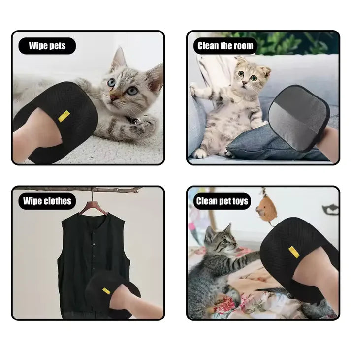 Pet hair removal glove in action - removes fur from furniture and carpets