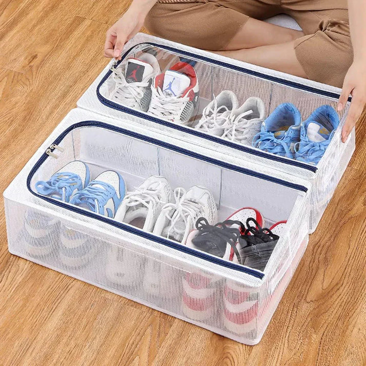 Foldable Mesh Shoe Storage Organizer — Breathable Clear-Top Zipper Shoe Box