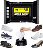 Quick Wipes shoe cleaning product with various shoes displayed around it.