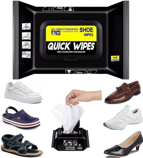 Quick Wipes shoe cleaning product with various shoes displayed around it.