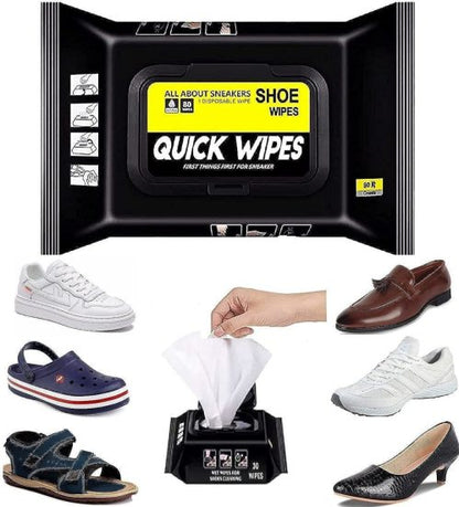 Quick Wipes shoe cleaning product with various shoes displayed around it.
