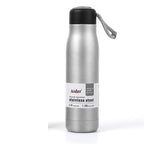 Silver stainless steel insulated water bottle with black lid and handle on a white background