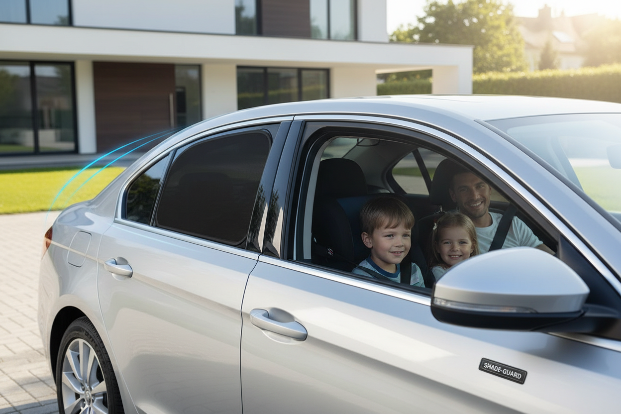 Magnetic car side window sun shade installed on a modern sedan blocking sunlight
