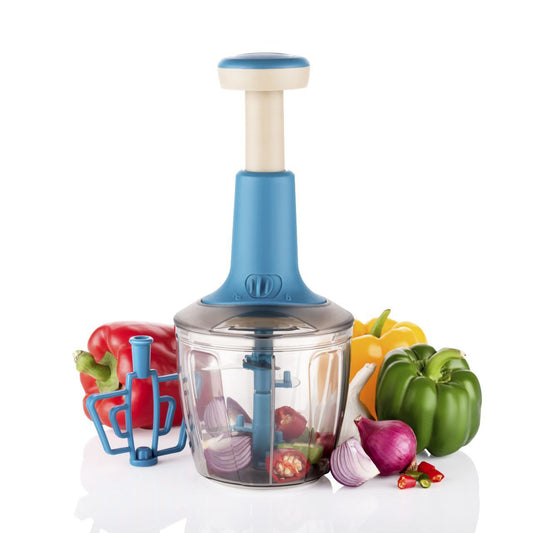 Blue and beige kitchen chopper with vegetables on a white background