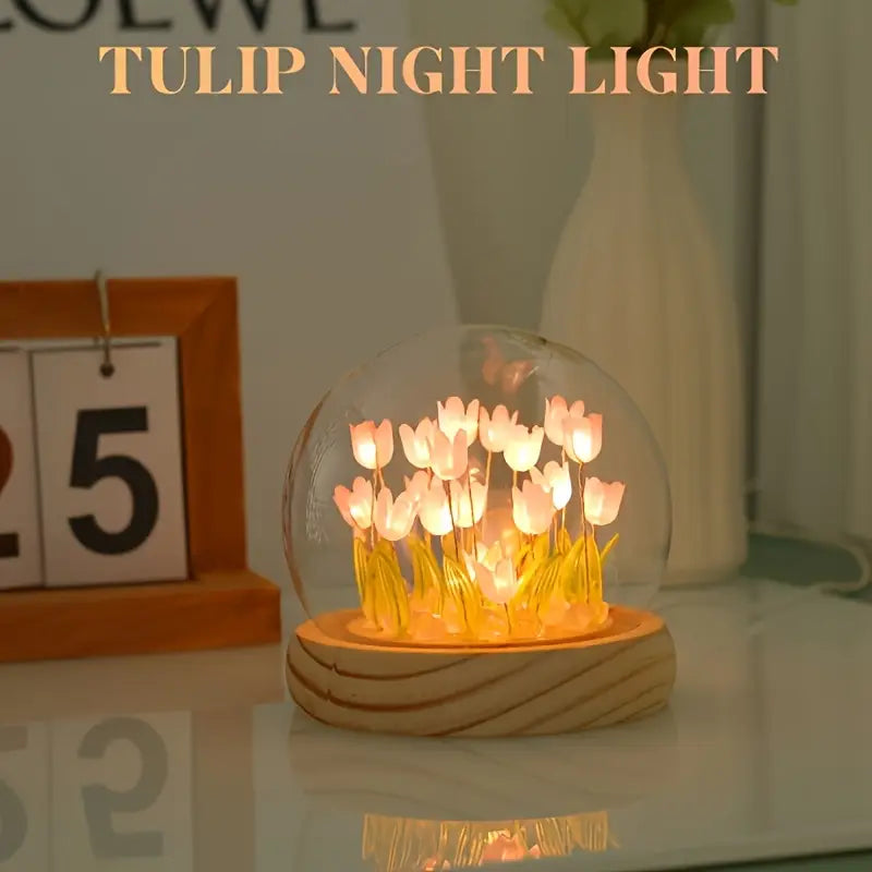 LED Tulip Flower Dome Night Light – Romantic Glass Lamp for Bedroom & Home Décor